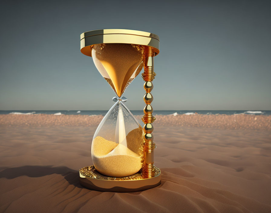 Golden Accented Ornate Hourglass on Sandy Beach Against Clear Sky