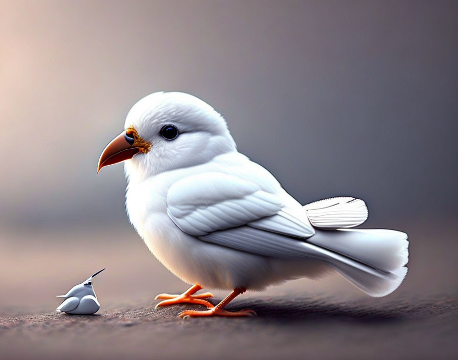 Digital Image: Small White Bird with Prominent Beak and Orange Feet Next to Tiny Figurine