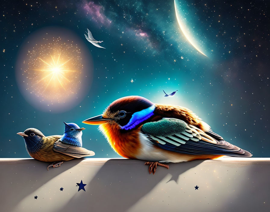 Colorful Birds Perched on Branch with Cosmic Background