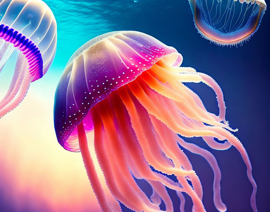 Colorful Jellyfish Swimming in Deep Blue Ocean
