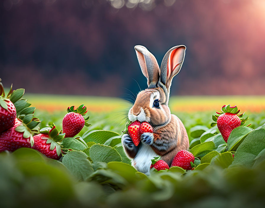 Whimsical rabbit with human-like hands holding a strawberry amidst ripe strawberries