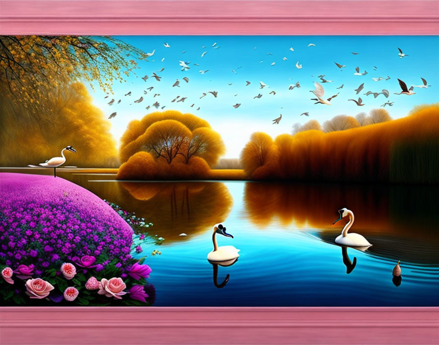 Colorful digital artwork featuring swans, foliage, and birds on a reflective lake.