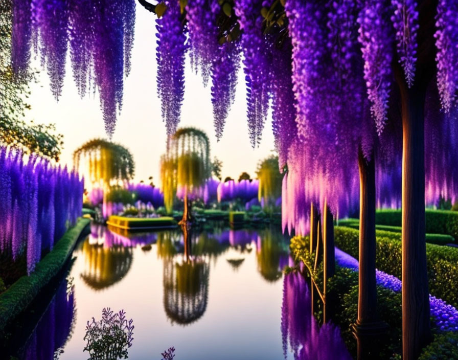 Purple wisteria flowers over serene pond at sunset