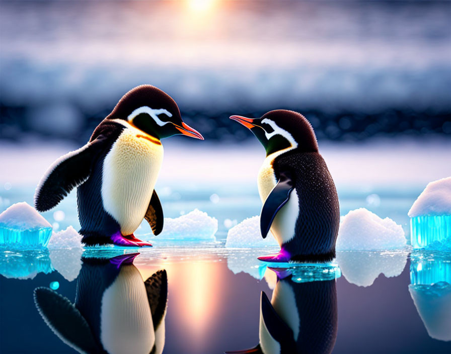 Penguins on Icebergs at Sunset with Reflective Water