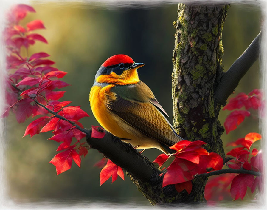 Colorful bird with red face and yellow neck perched on branch among red leaves