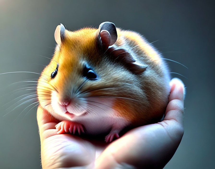 Adorable golden-brown hamster in gentle hands with soft lighting.