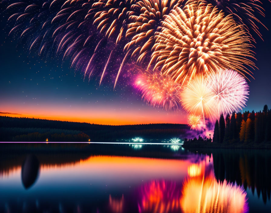 Colorful fireworks reflecting on calm lake at twilight