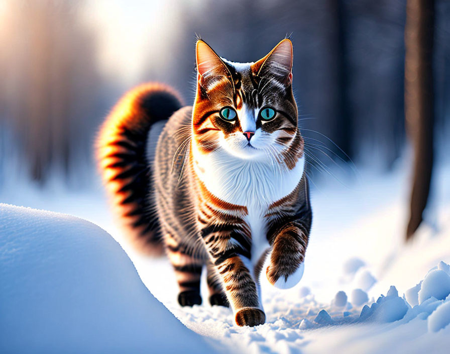 Striped cat with blue eyes in snowy landscape under sunlight