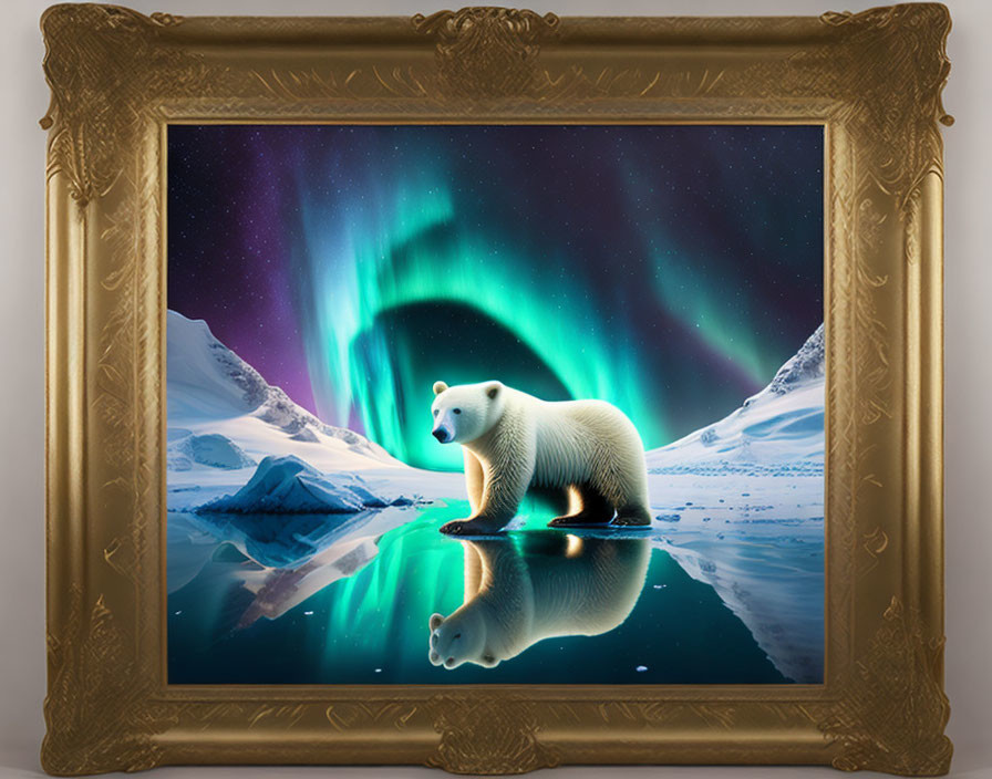 Polar bear near reflective surface under aurora borealis