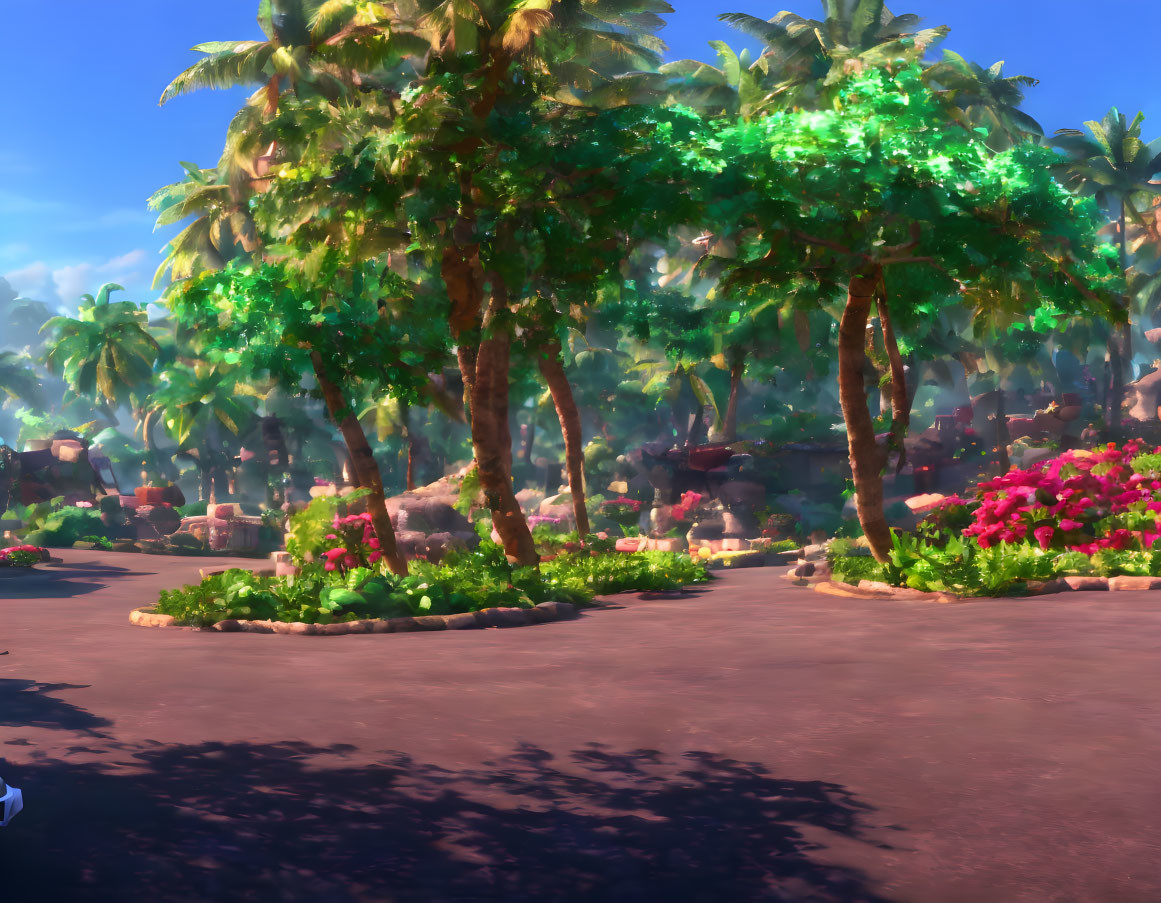 Lush Palm Trees and Pink Flowers in Tropical Oasis