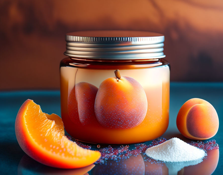 Apricot jam jar with fresh fruit slice and spilled sugar on table