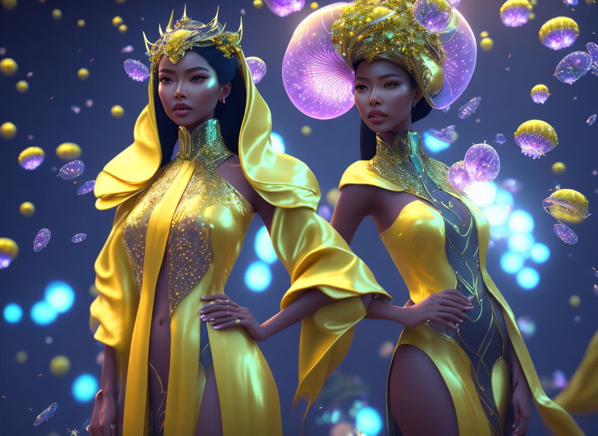 Two Women in Elaborate Yellow Dresses Among Luminescent Jellyfish