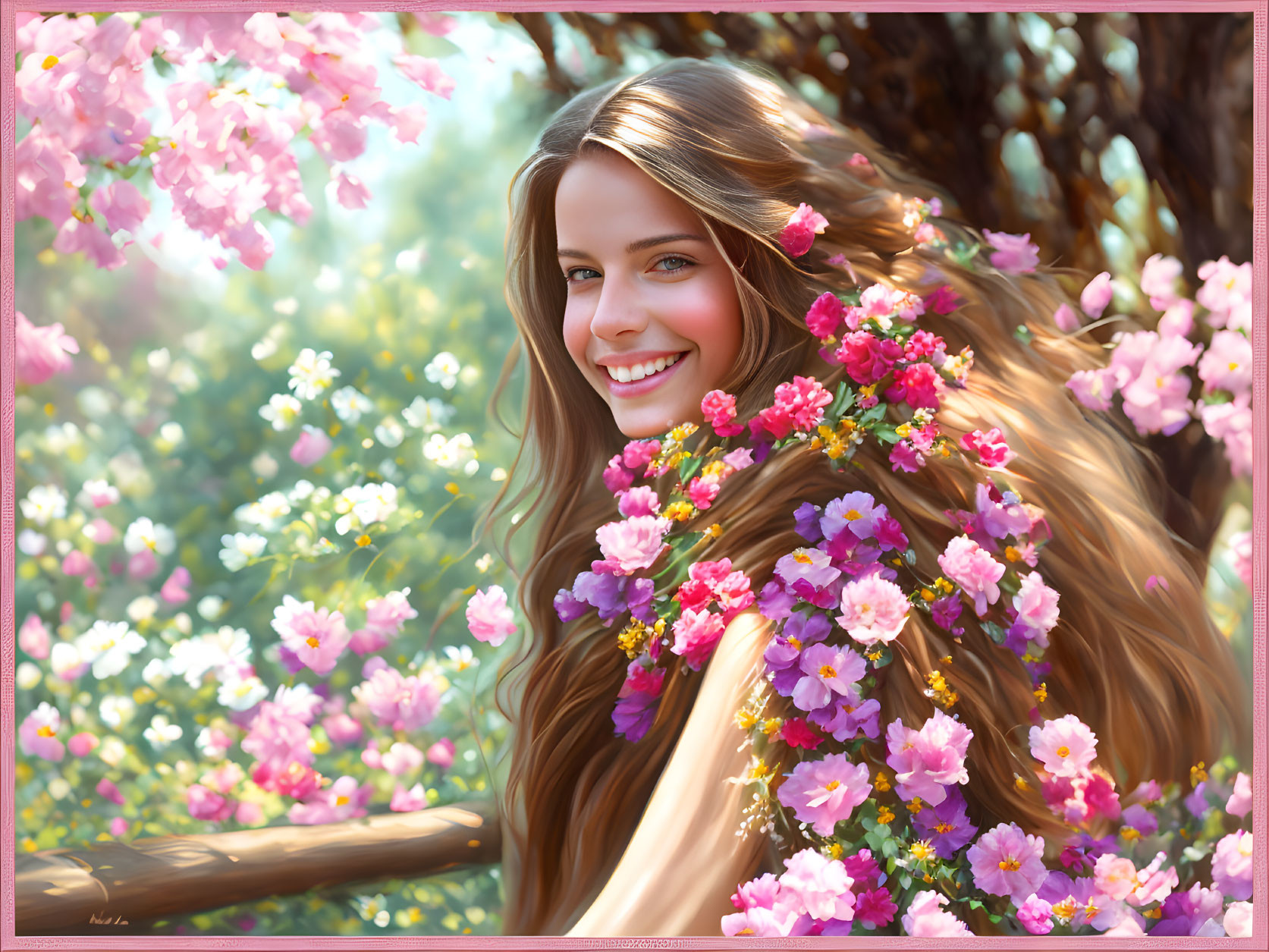 Smiling woman with flowers in hair under blossoming tree