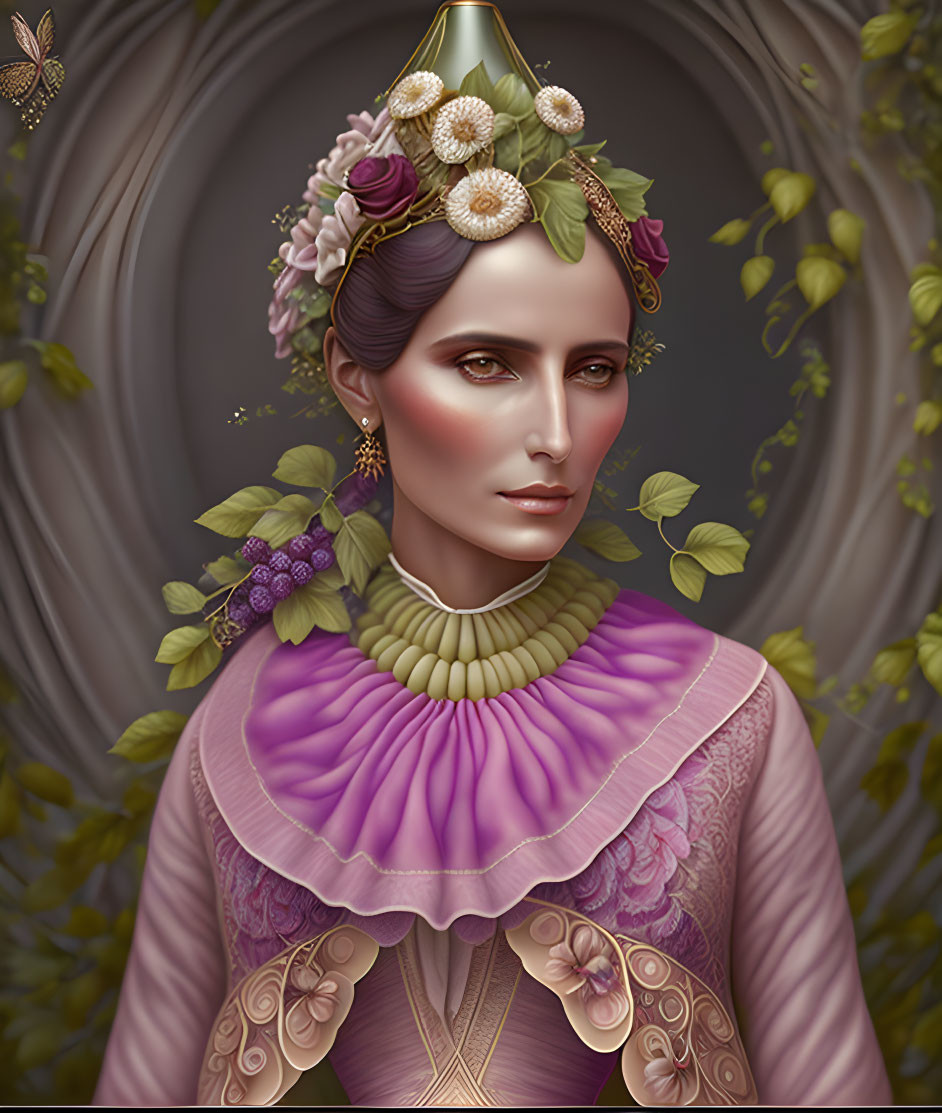 Digital portrait of woman in Victorian outfit with floral elements in greenery background