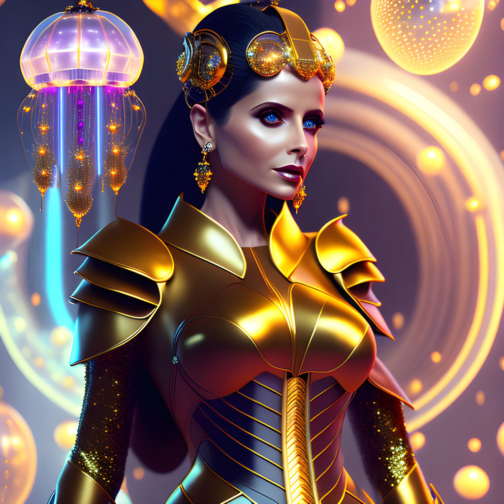 Futuristic woman in golden armor with blue eyes and glowing orbs