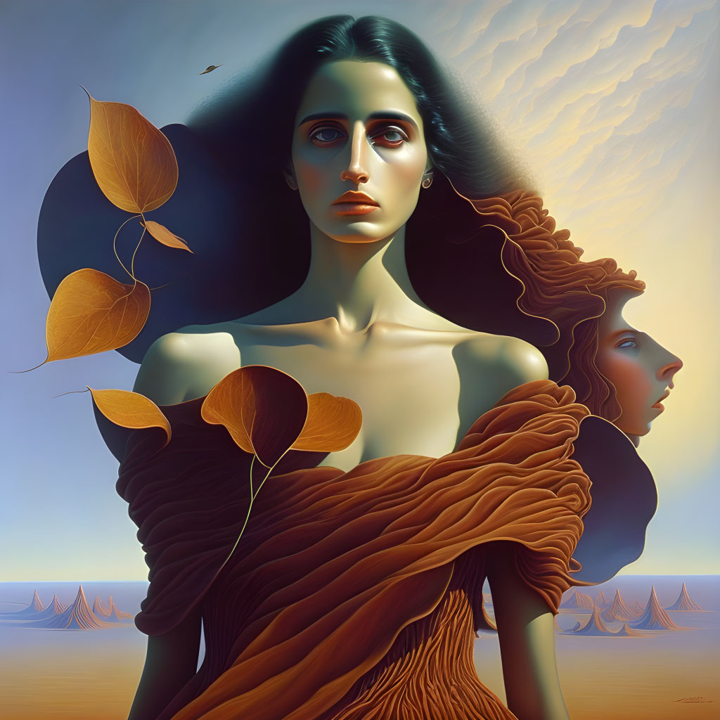 Surreal portrait of woman with autumn leaves and hidden face in warm tones