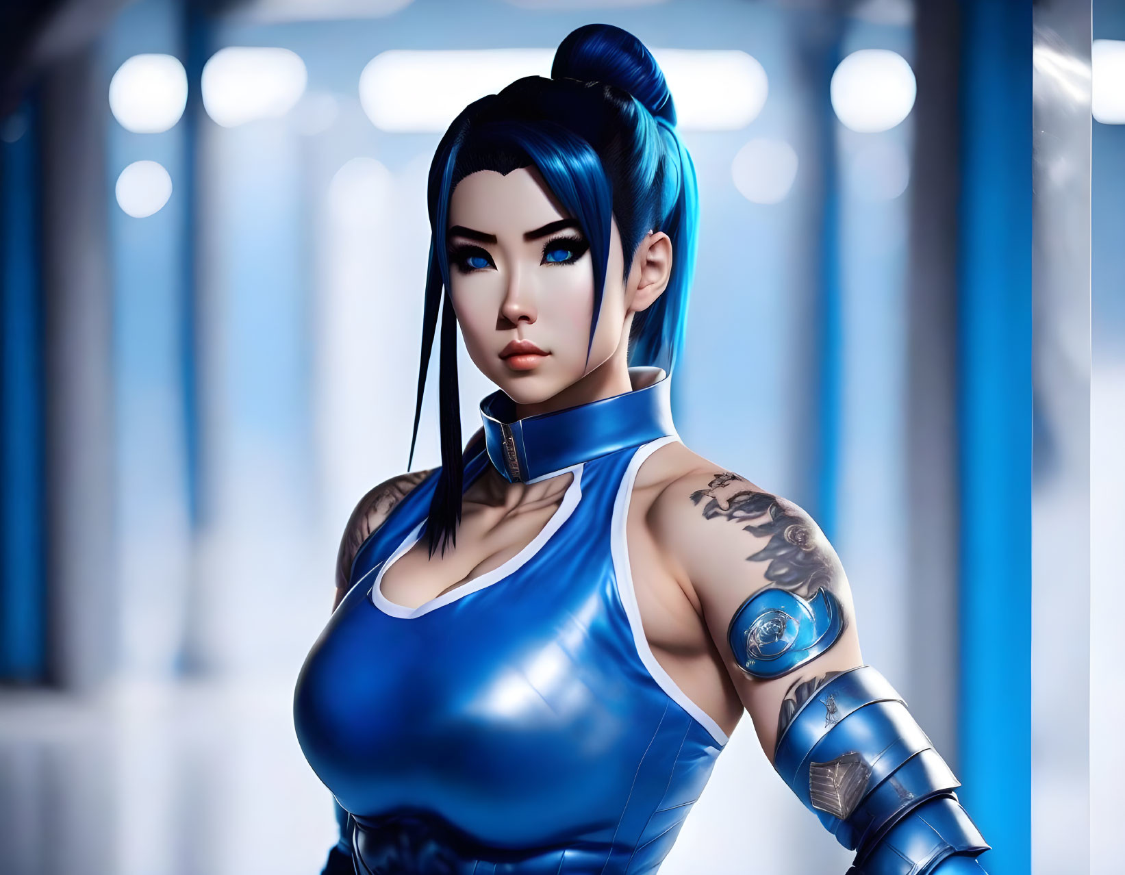 Digital artwork: Female character with blue hair, outfit, tattoos, and futuristic arm wear in sci-fi