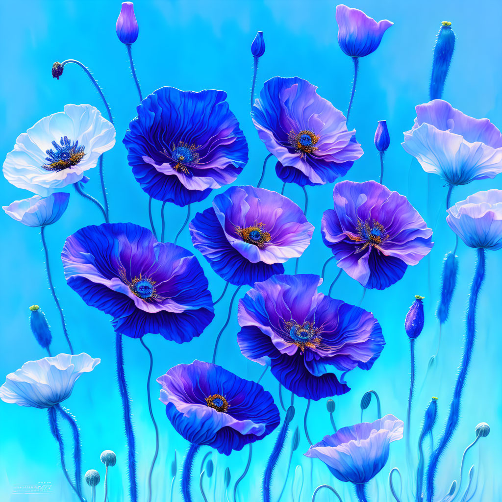 Poppy Flowers in Bloom on Textured Sky-Blue Background