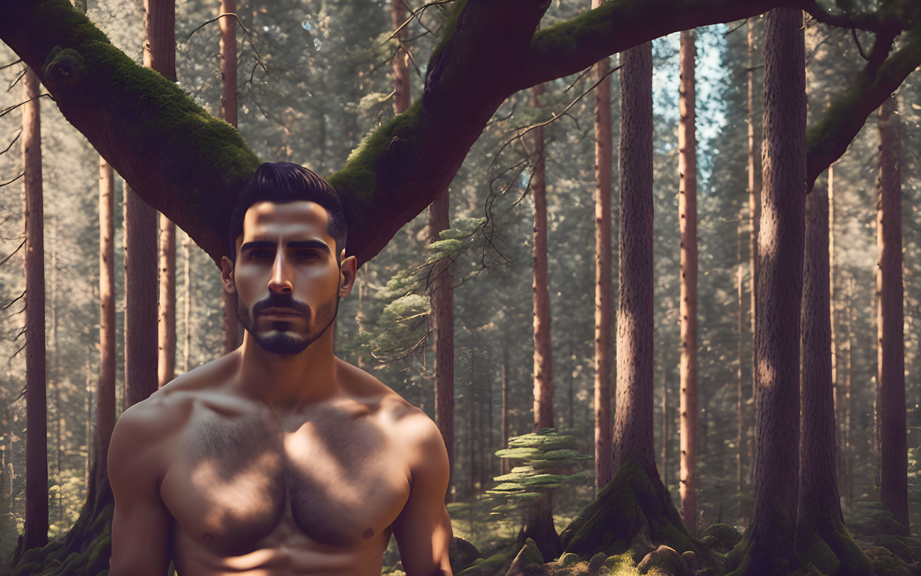 Muscular man with beard posing in sunlit forest landscape