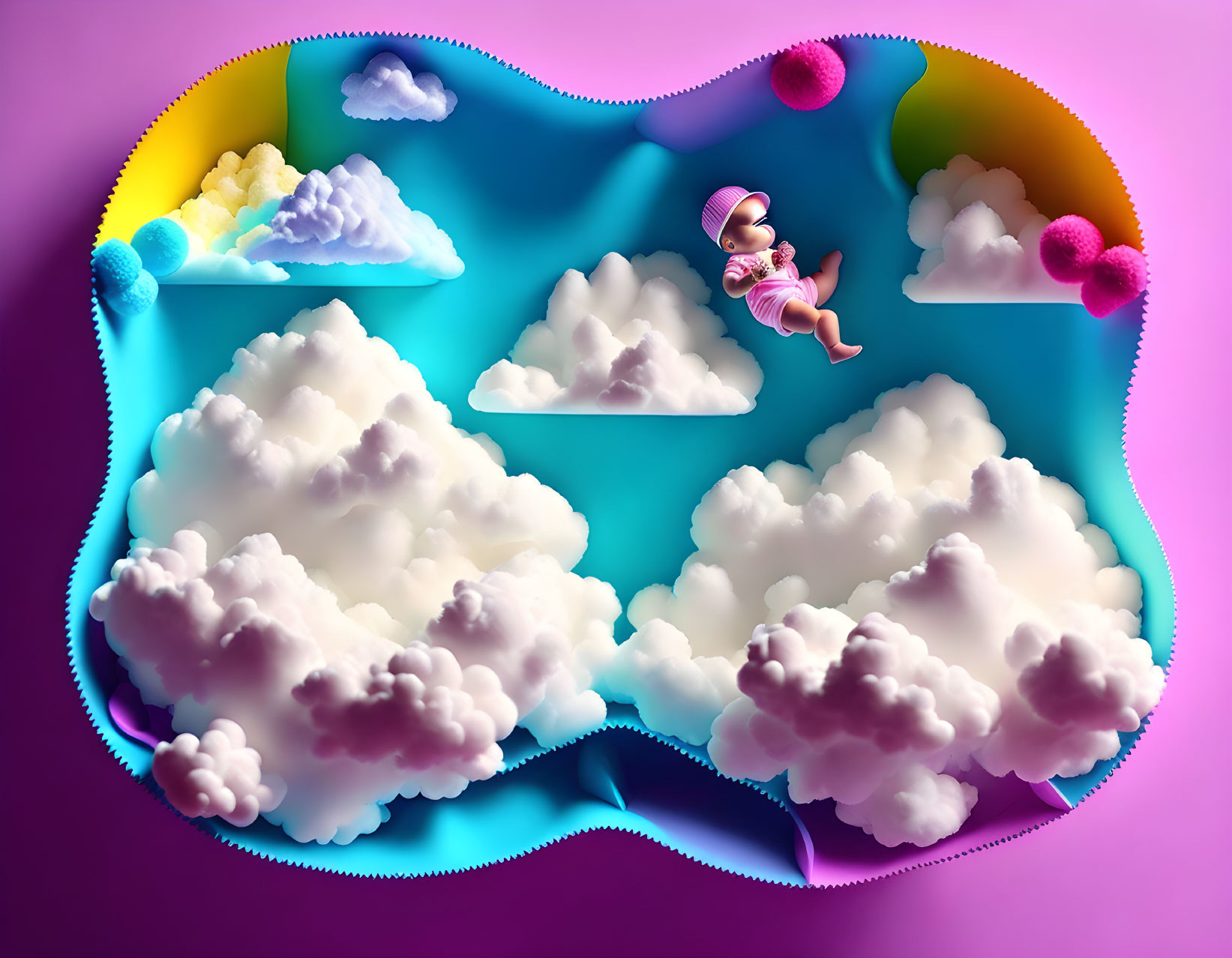 Colorful surreal illustration of person floating in clouds