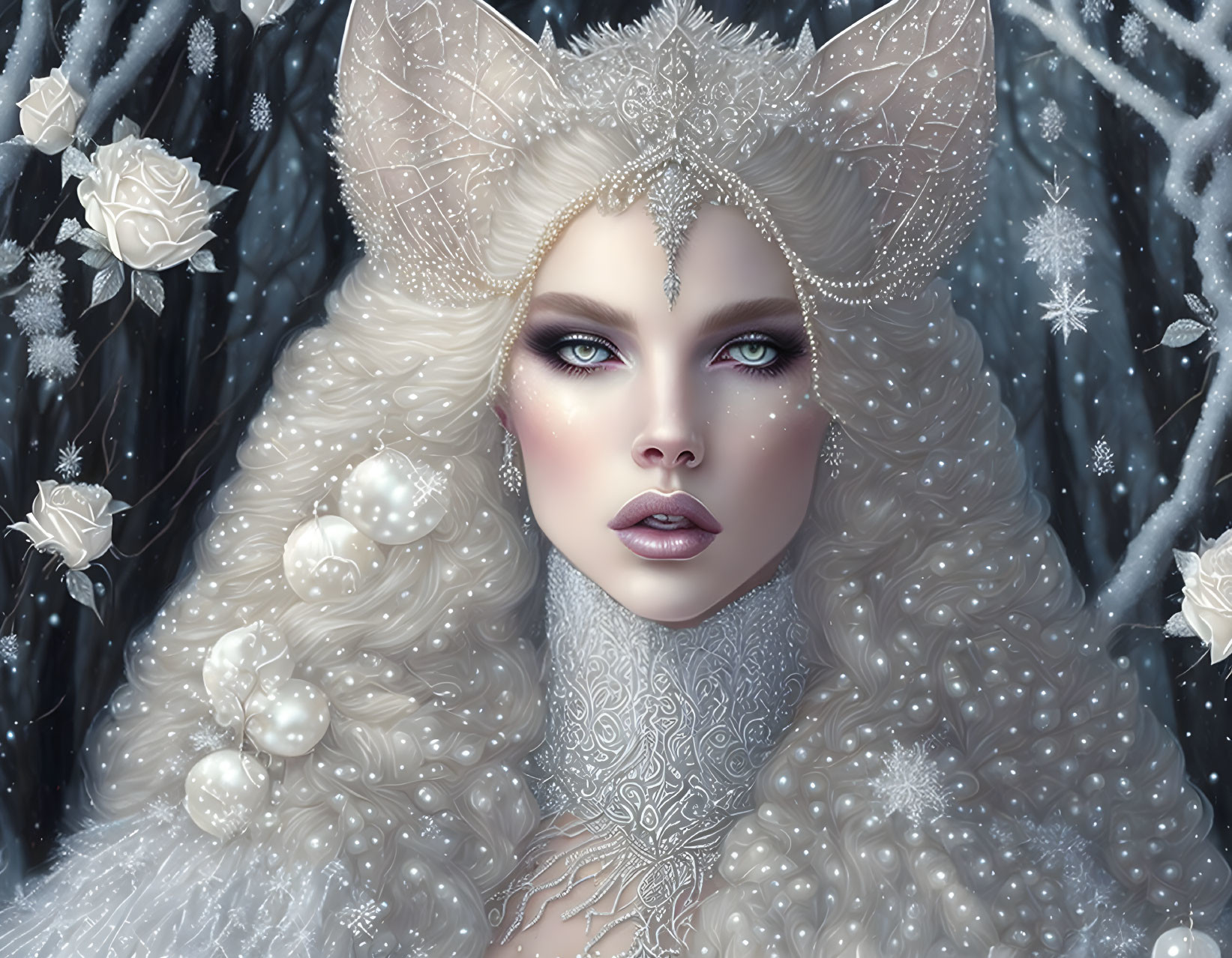 Fantasy illustration of woman with white fox ears in snowy setting