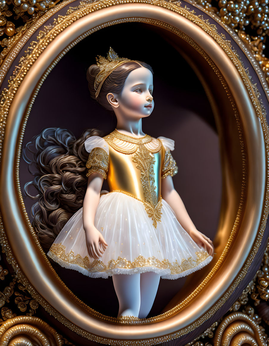 Porcelain doll in blue and white dress with crown, framed in gold.