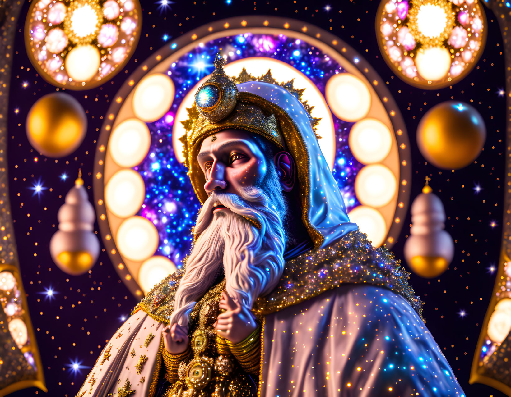 Regal king with white beard in golden attire under celestial orbs