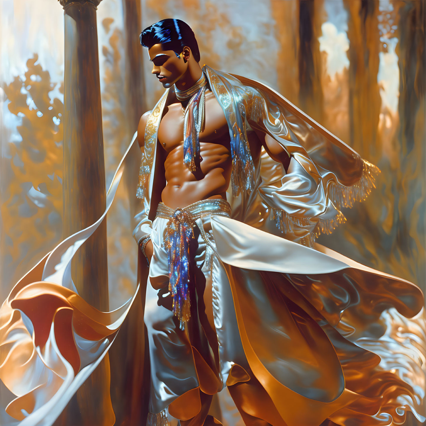 Athletic figure in ornate robes with shimmering cape in misty forest