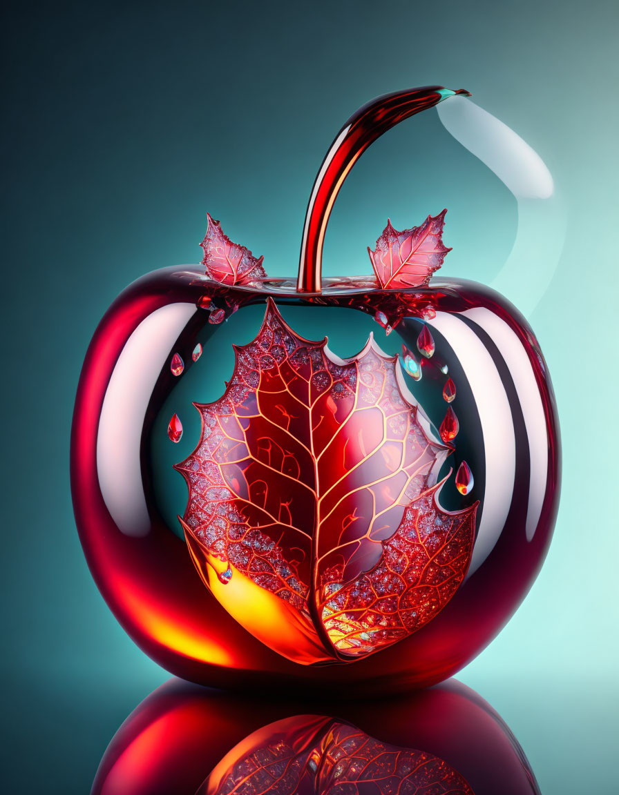 Shiny red apple with metallic stem on teal gradient background