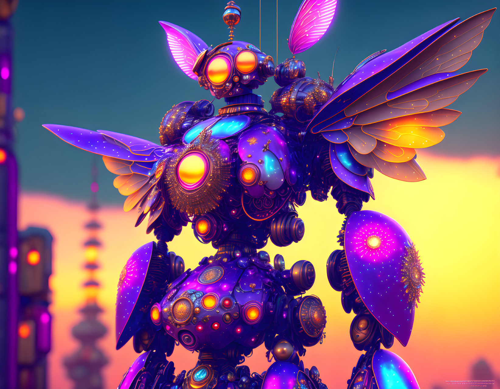 Vibrant digital artwork: mechanical creature with intricate wings in sunset.