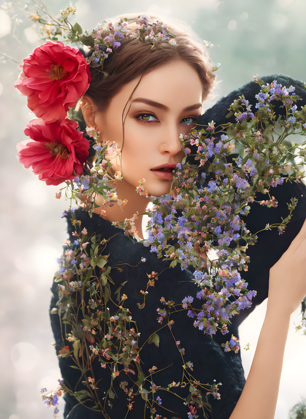 Woman with floral headpiece and delicate flowers in soft, backlit setting