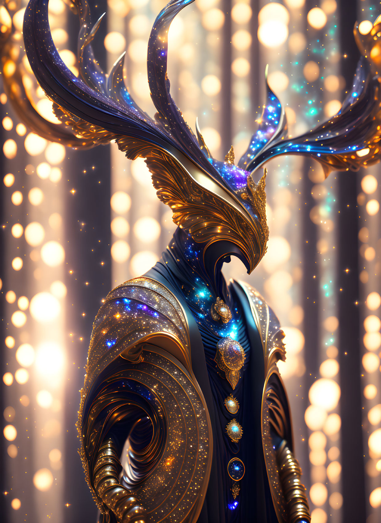 Majestic figure with golden antlers and cosmic details on golden orb backdrop