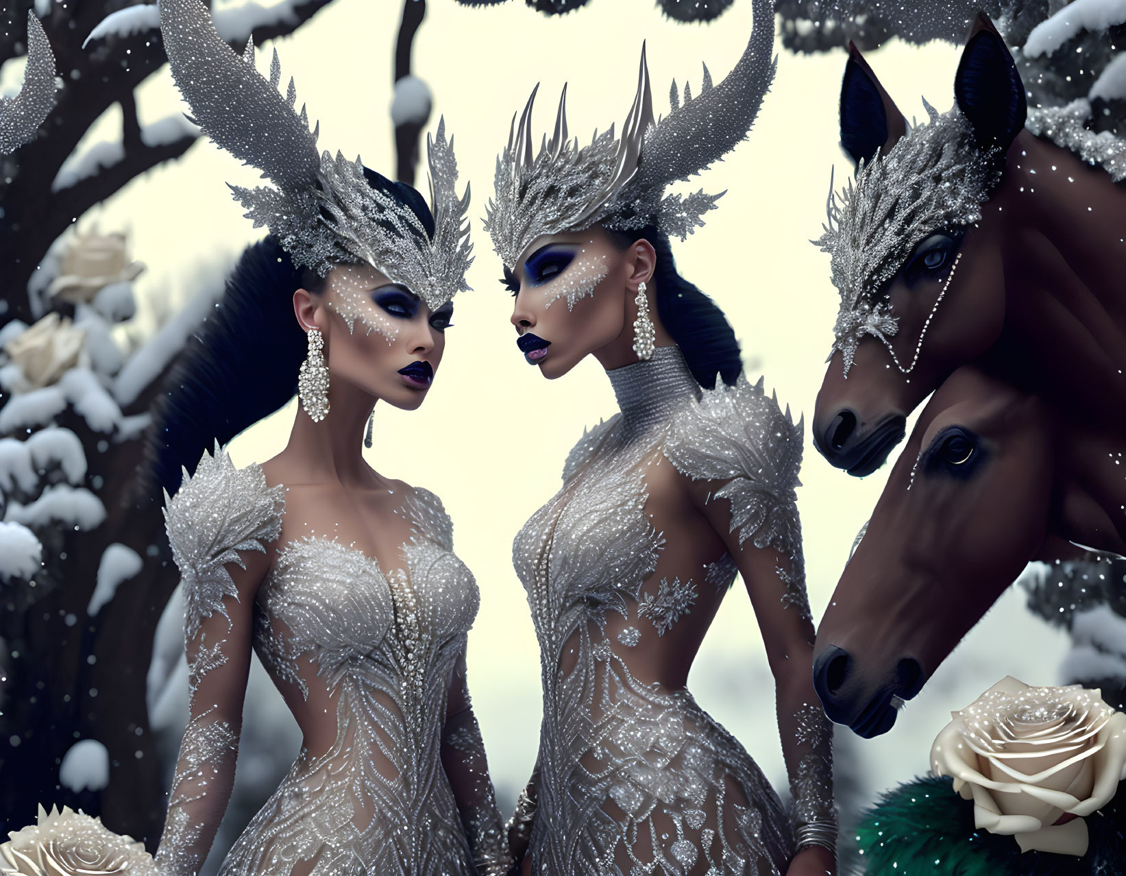 Two women in ornate silver gowns with horned headdresses by snowy horses.