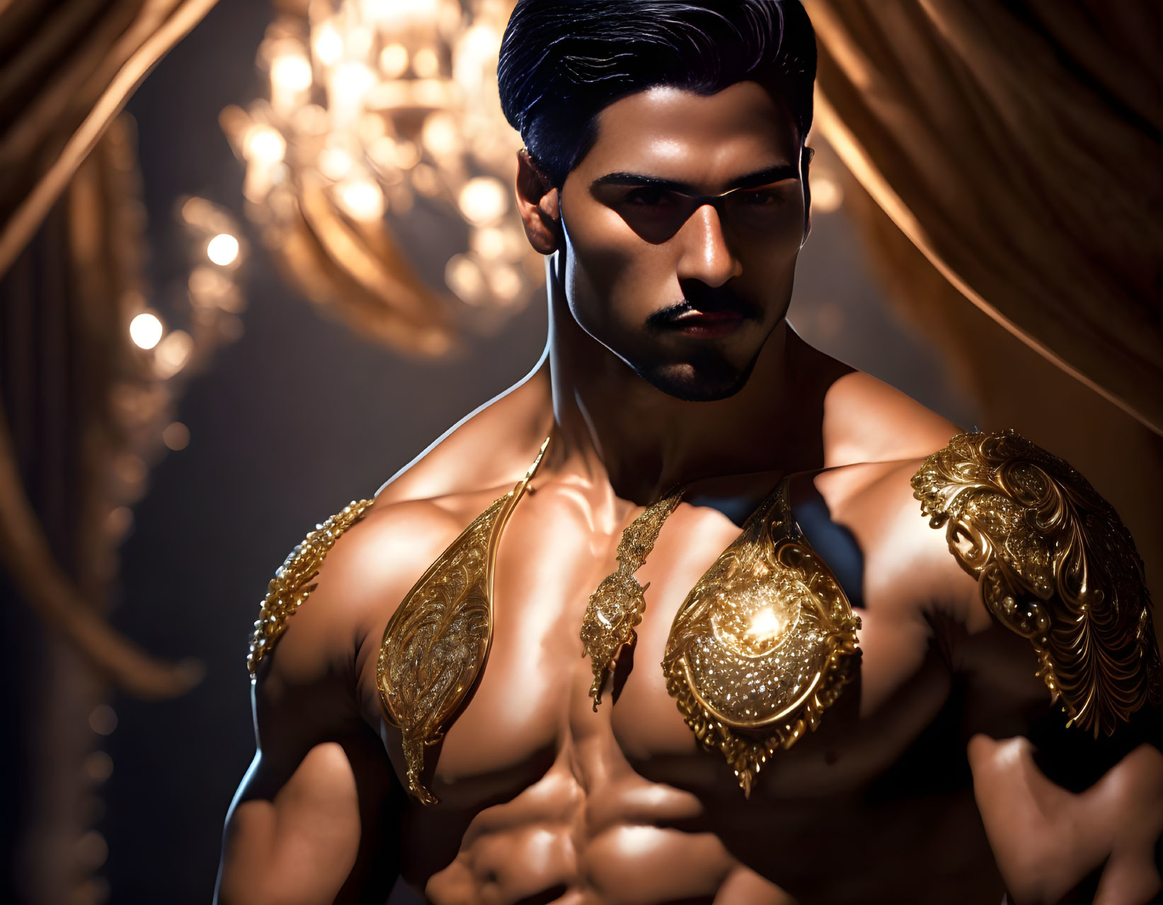 Muscular shirtless man in golden shoulder armor under warm lighting