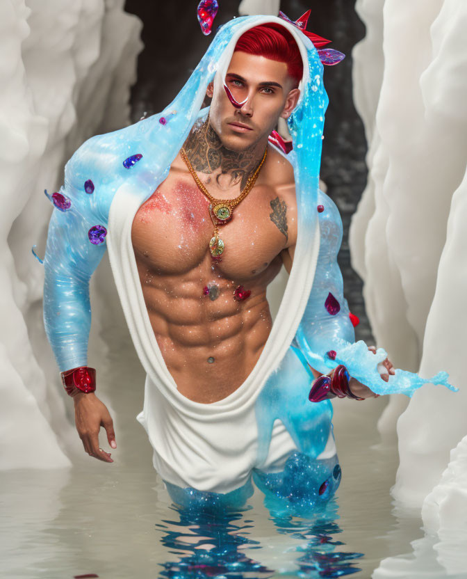 Muscular figure with red hair and tattoos in icy fantasy setting