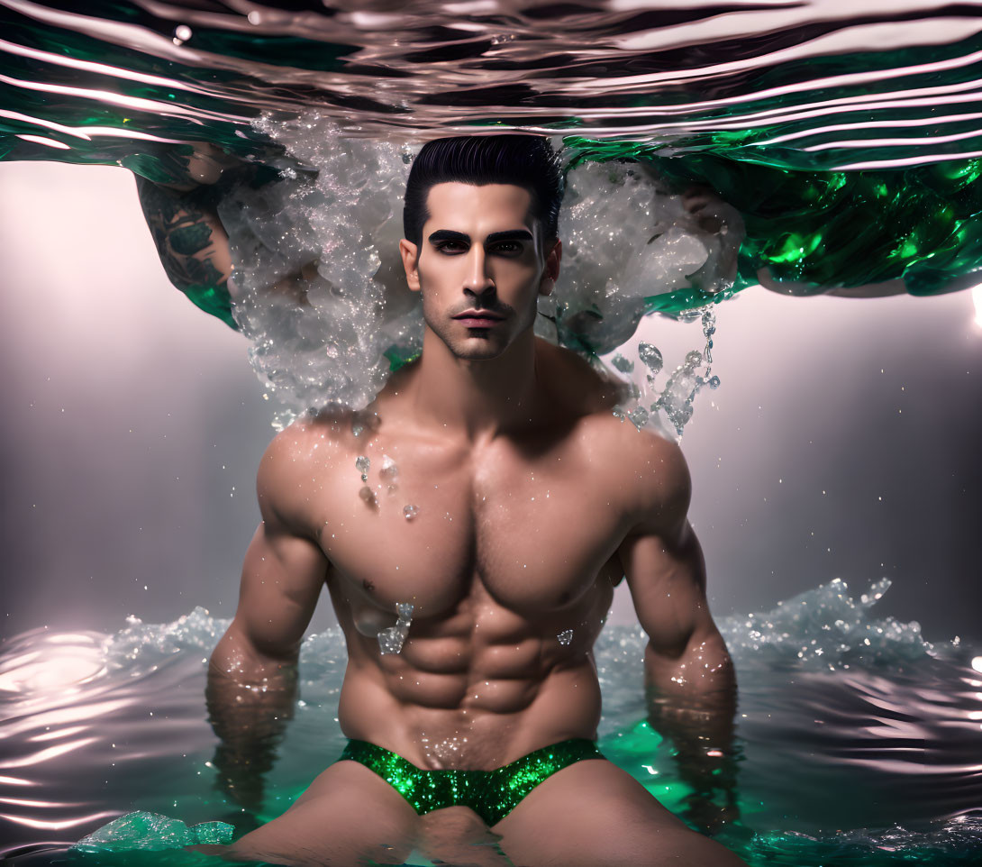 Muscular man in green swimwear submerged in water with splashing droplets