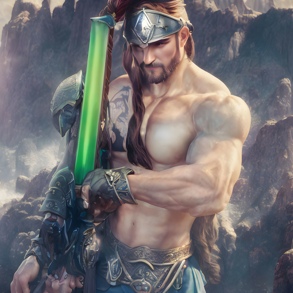 Muscular fantasy warrior with beard and glowing green sword in rocky setting