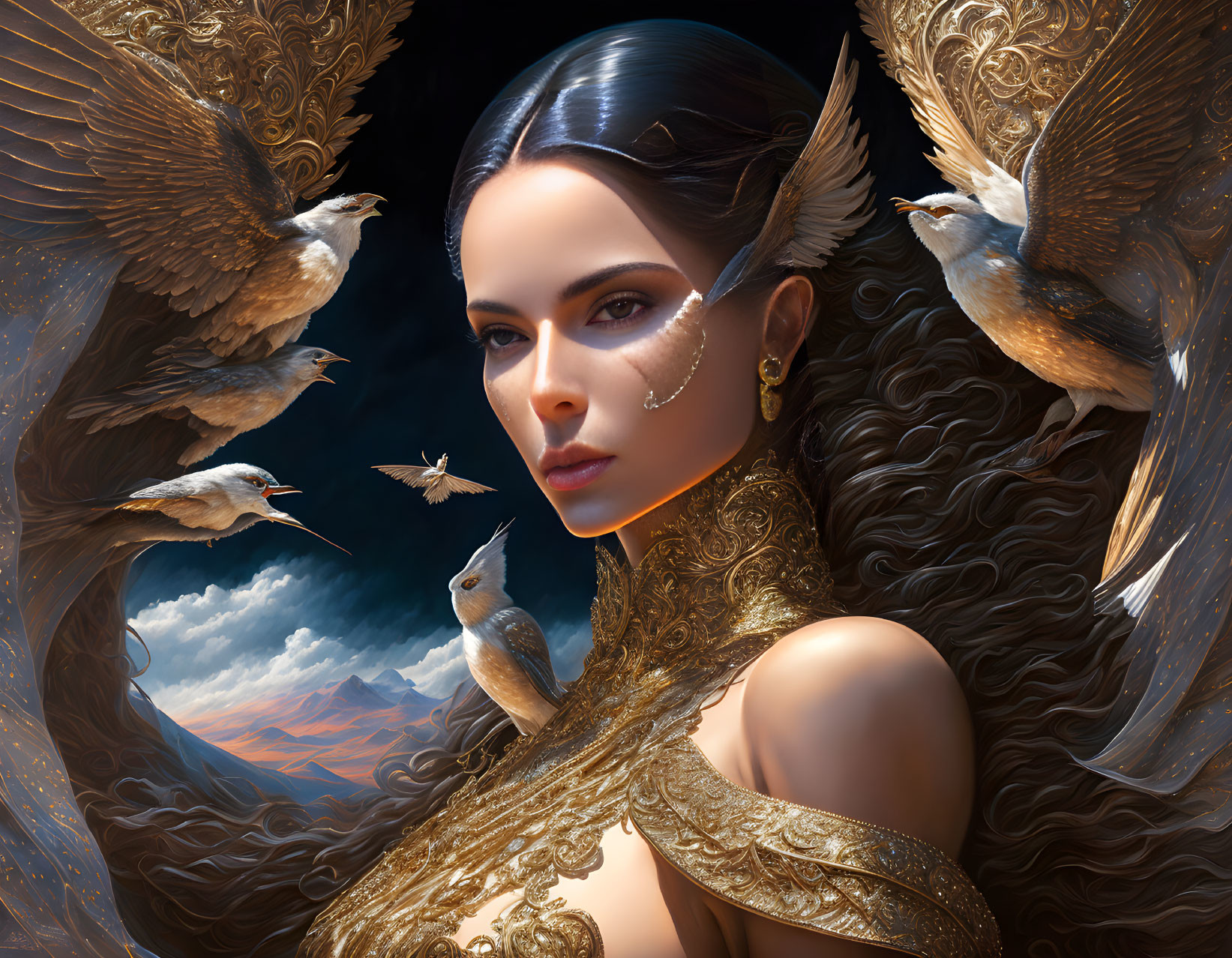 Golden-winged woman surrounded by birds in mountainous landscape