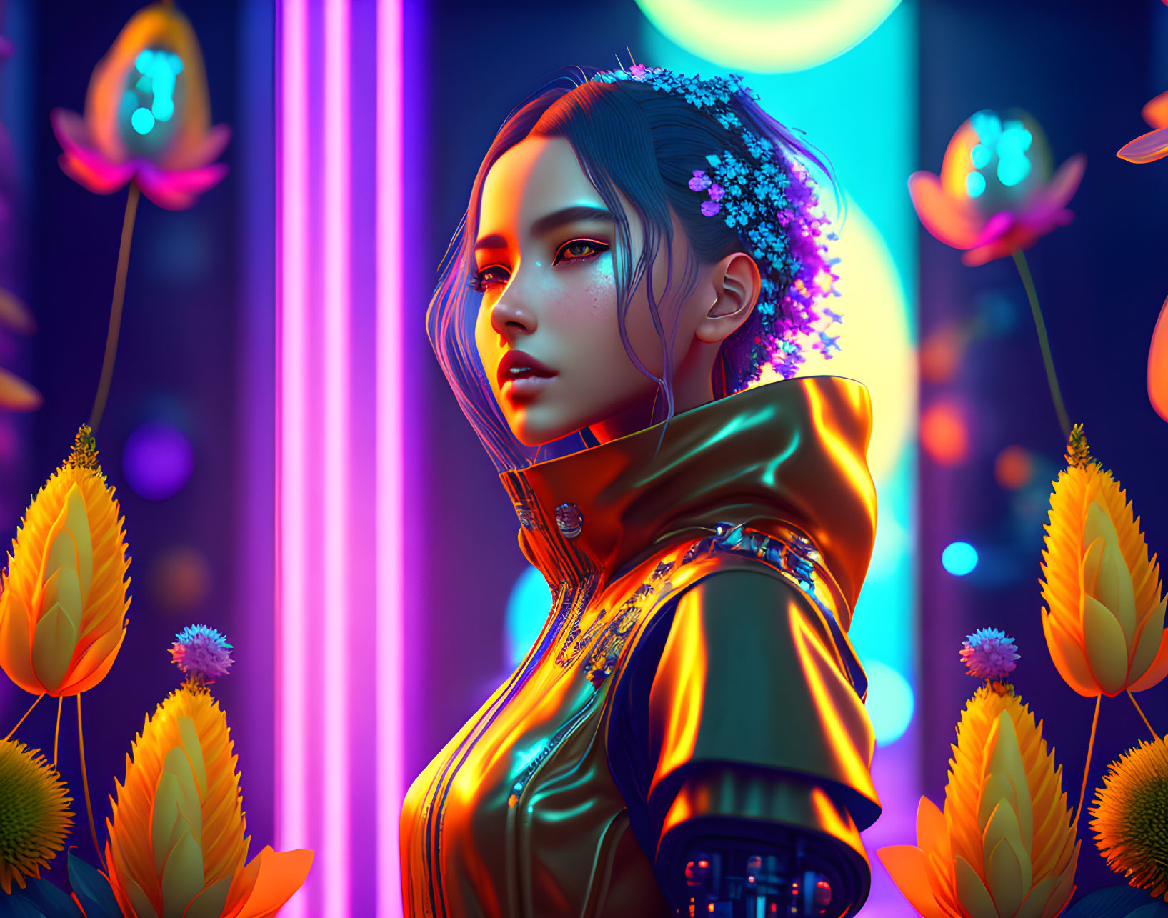 Digital artwork: Woman with flowers in hair, orange jacket, neon lights, lotus flowers.