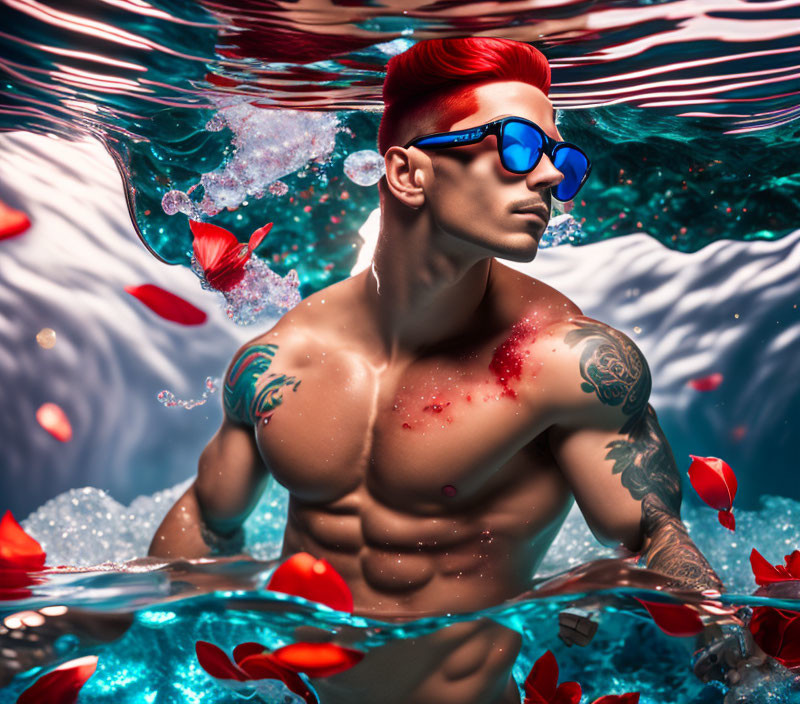 Red-Haired Man with Blue Sunglasses and Tattoos Submerged in Water with Petals and Butter