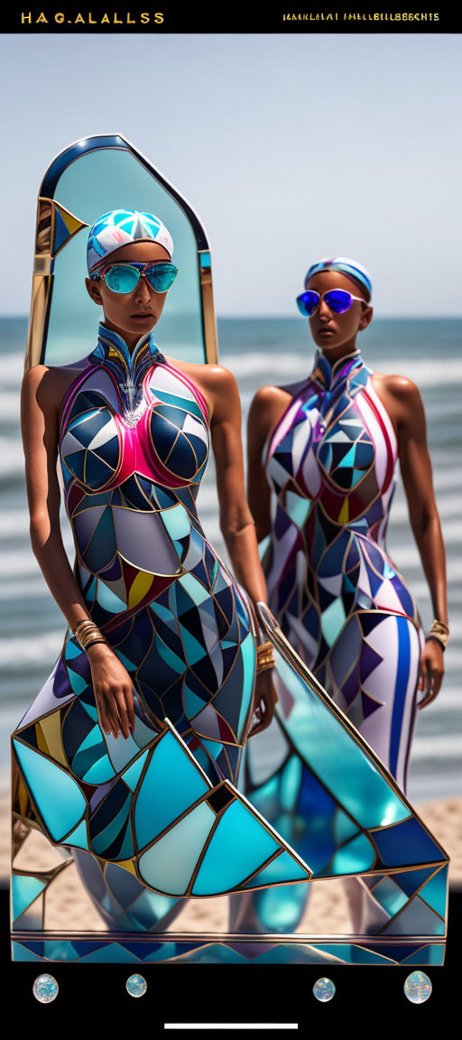 Colorful geometric-patterned swimwear models with matching caps and sunglasses by a reflective surfboard on a