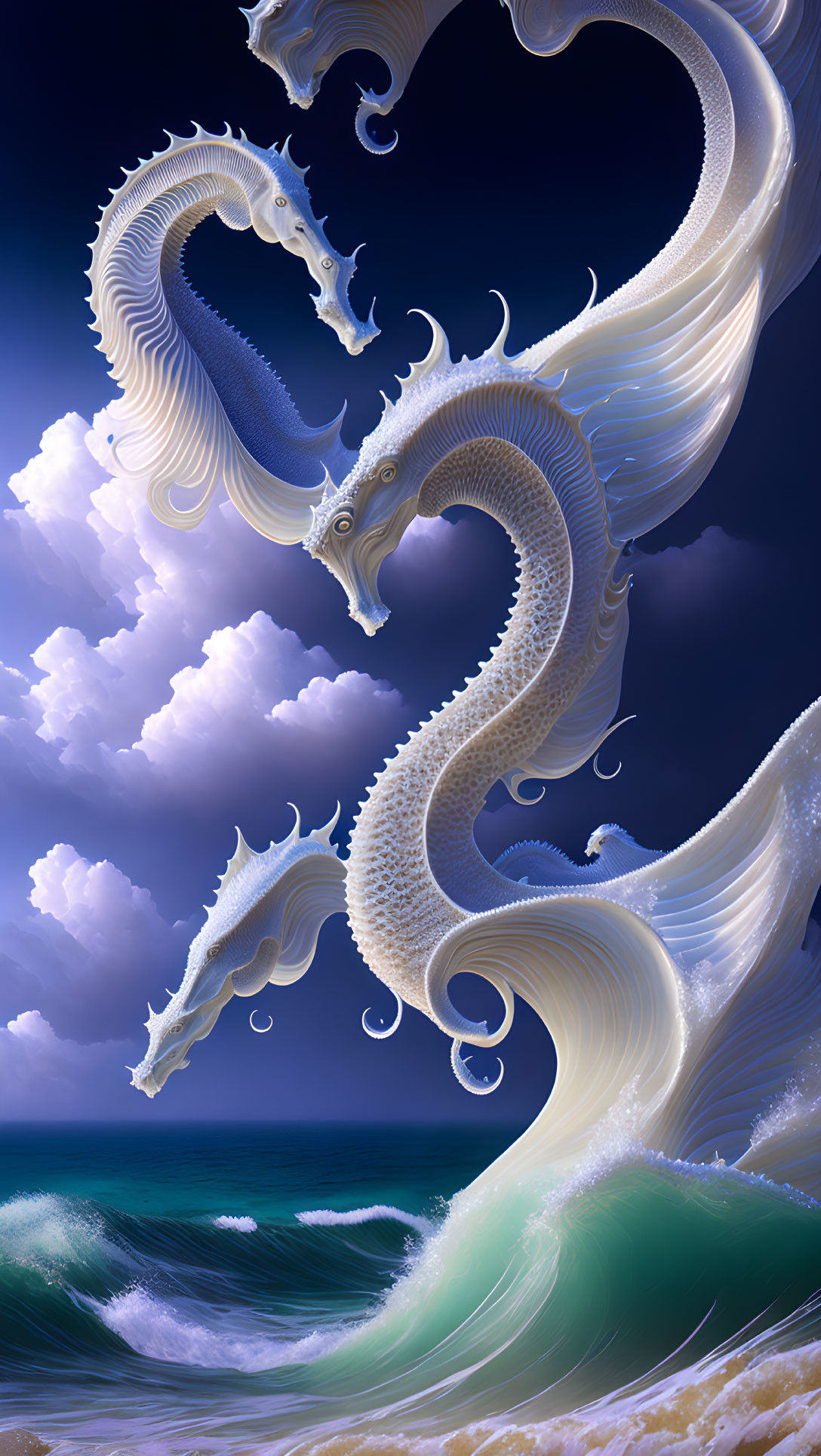 Majestic white sea dragons intertwine above turbulent ocean waves