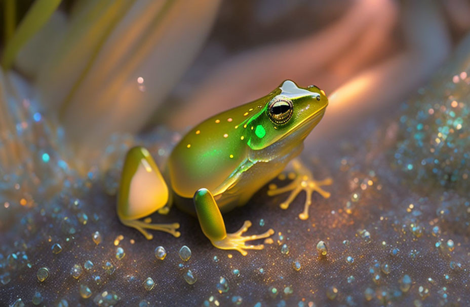 Colorful Frog on Dewy Surface with Soft Bokeh Light Effects