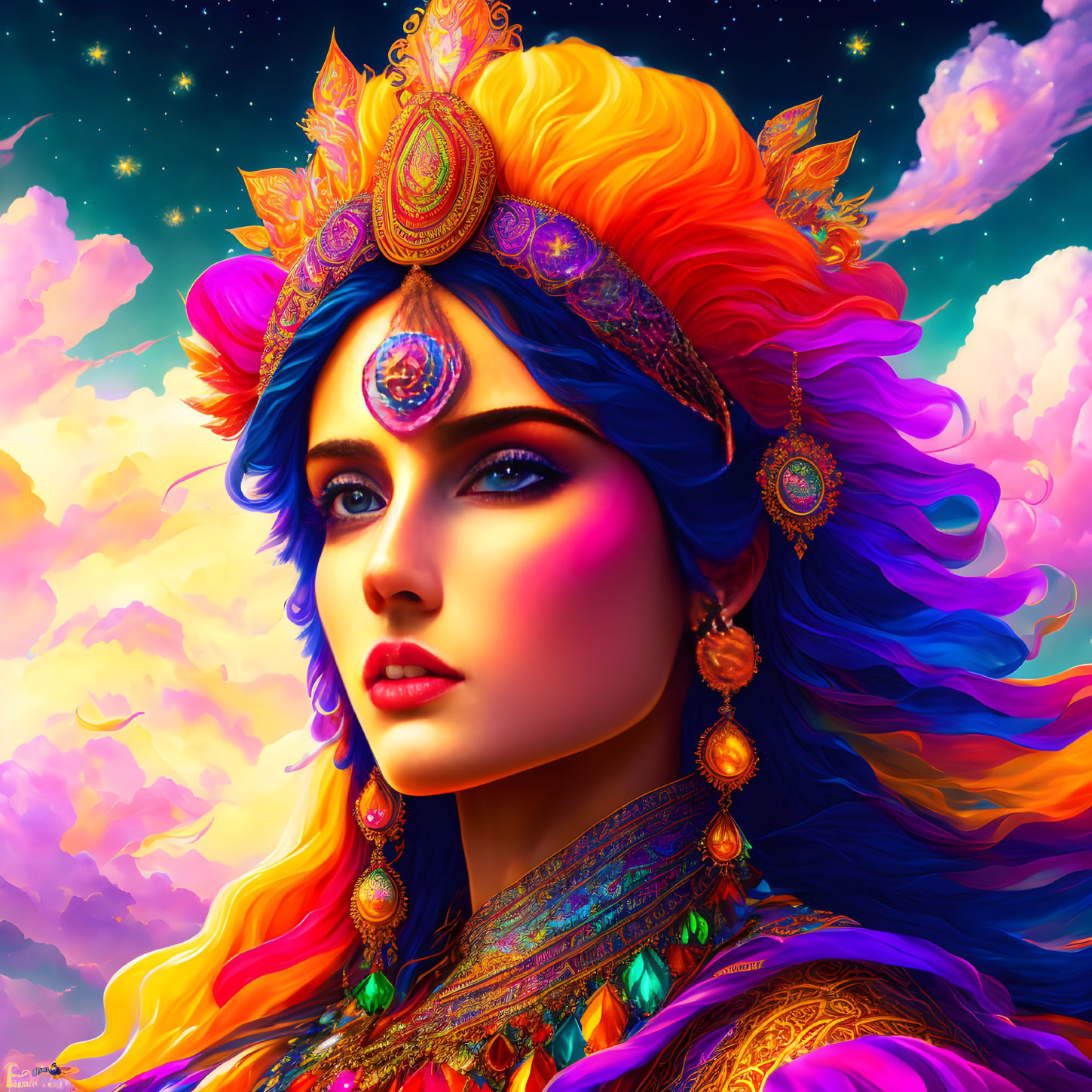 Colorful digital art: Woman with blue hair and golden jewels in cosmic sky