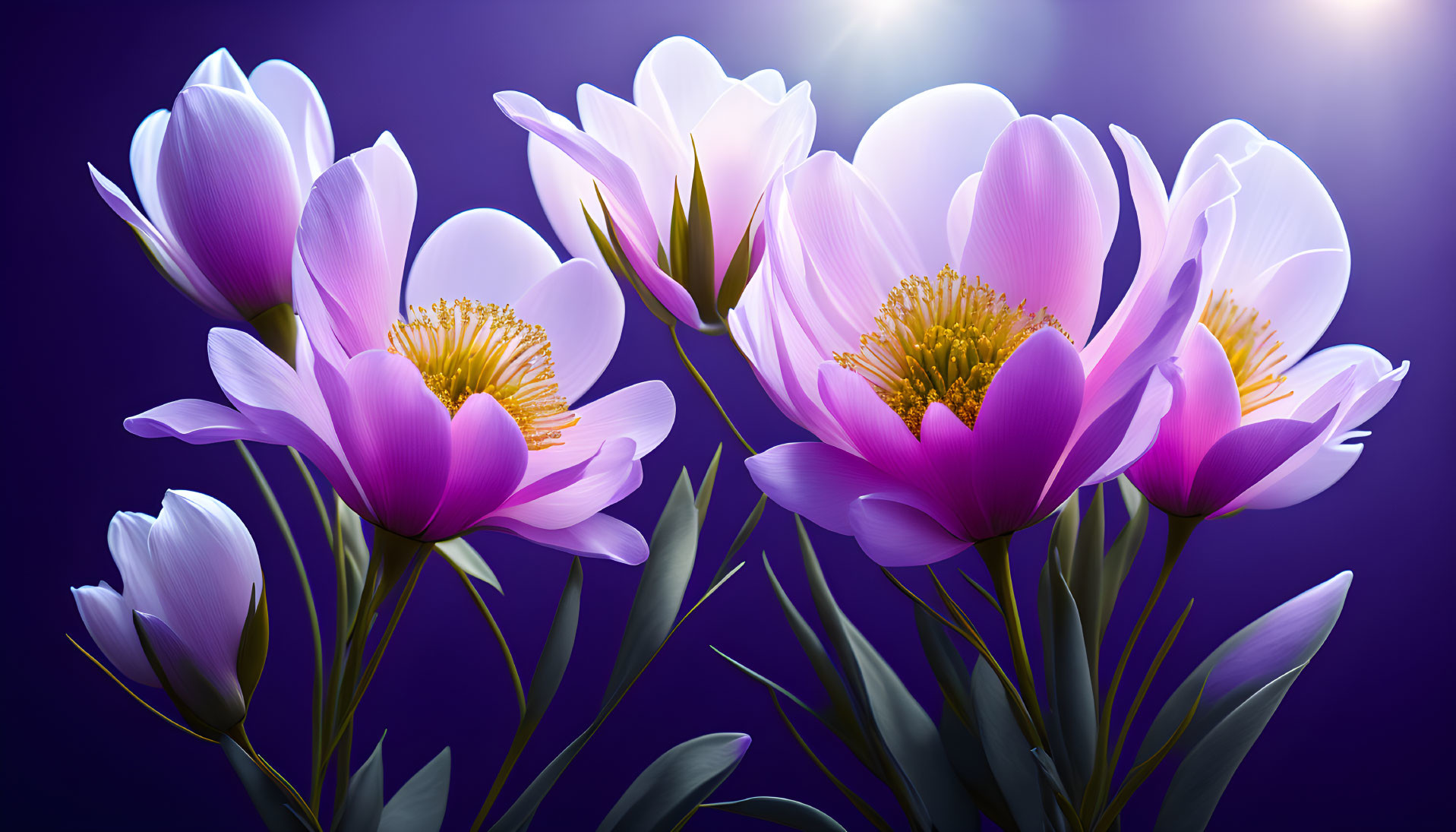 Vibrant pink and white flowers on moody purple background