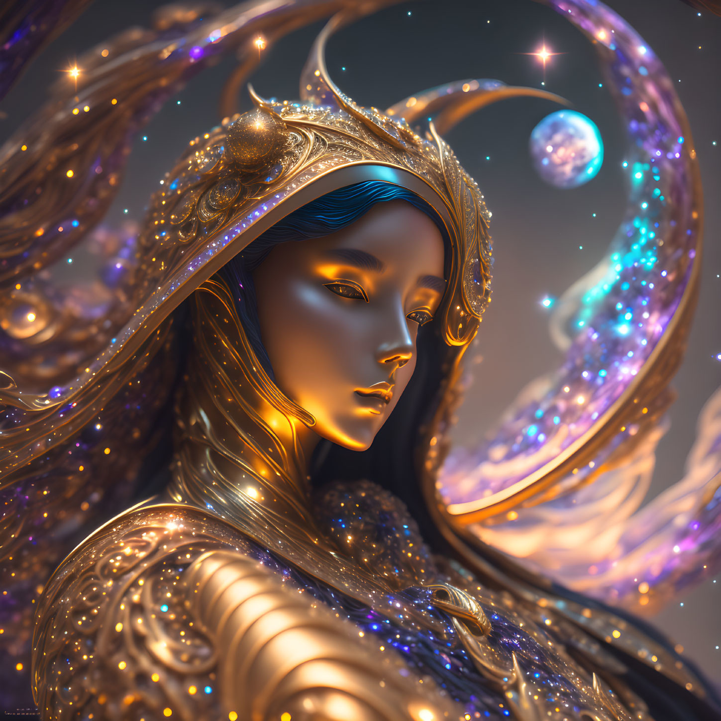 Celestial being in golden armor against starry backdrop