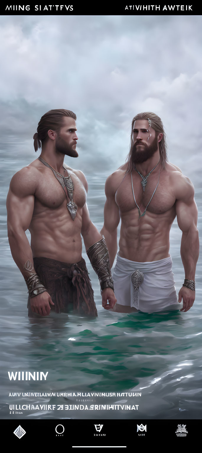 Two muscular men in fantasy attire with long hair and beards in misty setting