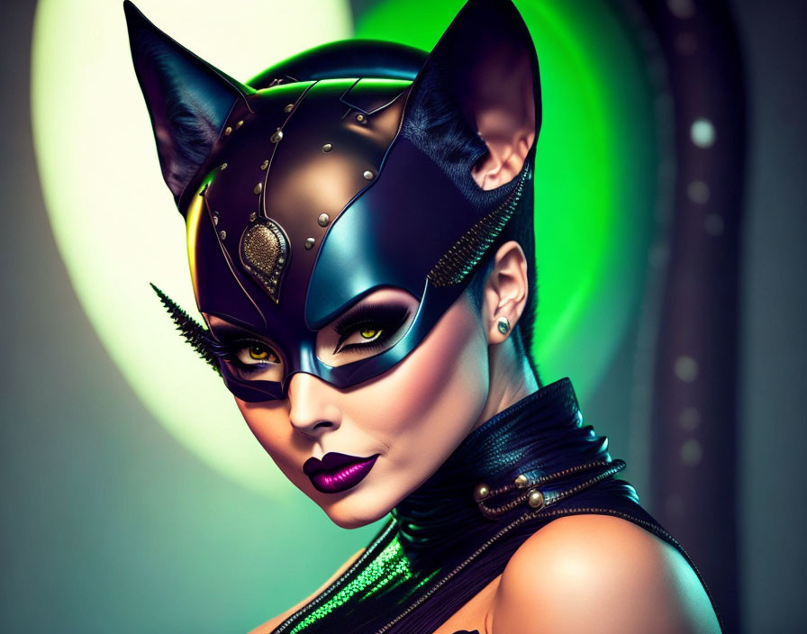 Woman in Cat-Themed Makeup and Headgear on Neon Background