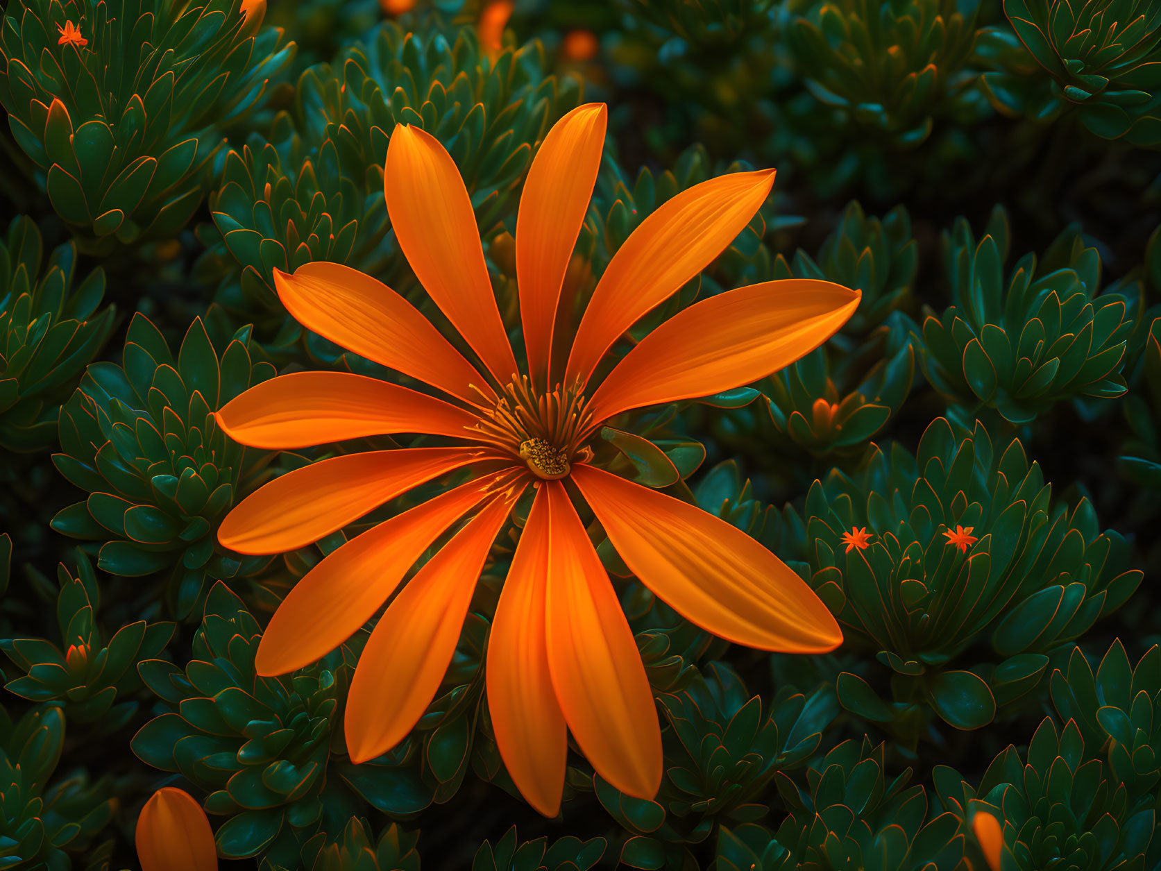 Elongated Petals of Vibrant Orange Flower in Dark Green Foliage