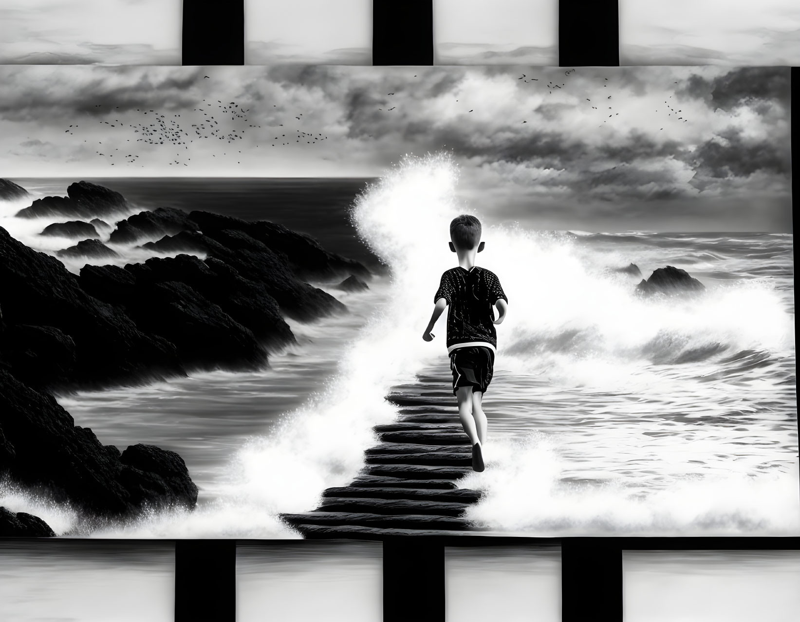 Child Running on Surreal Staircase in Stormy Seascape